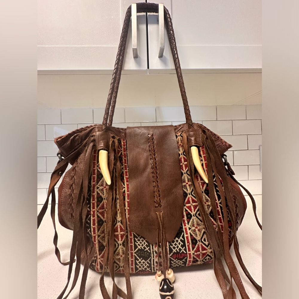 Free People Leather Suede Canyonland Large Tote Bag Festival Boho Tapestry RARE